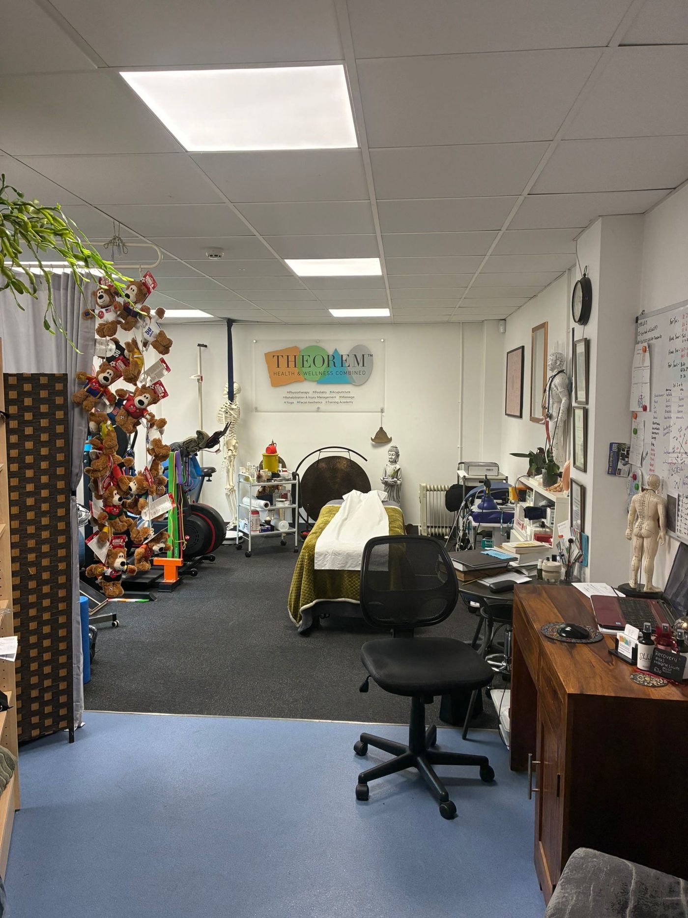The Theorem Health treatment room at the Alcester clinic, with a treatment couch, anatomical skeleton, rehabilitation equipment and a clinician's desk